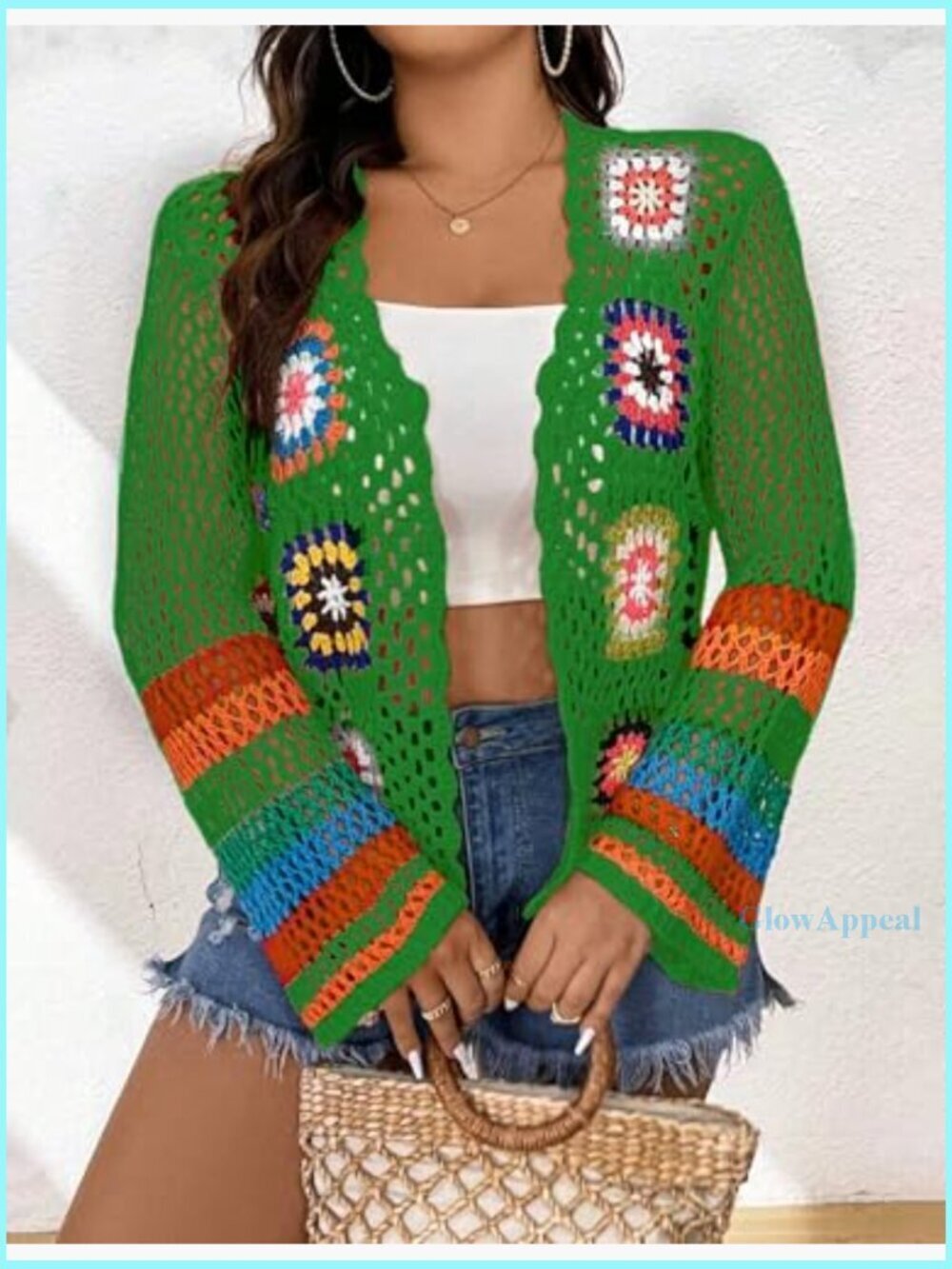 Crochet Cardigan Sweater Open Front Long Sleeve Boho Layering Piece - Picture 2 of 7